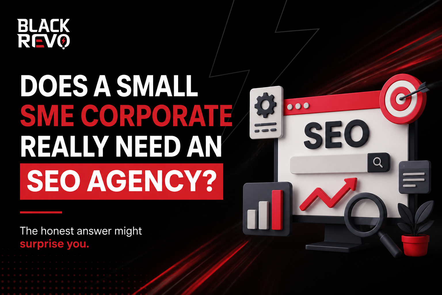 Blog cover image with the Black Revo logo and the headline "Does a Small SME Corporate Really Need an SEO Agency?" alongside SEO analytics, search, and business growth illustrations